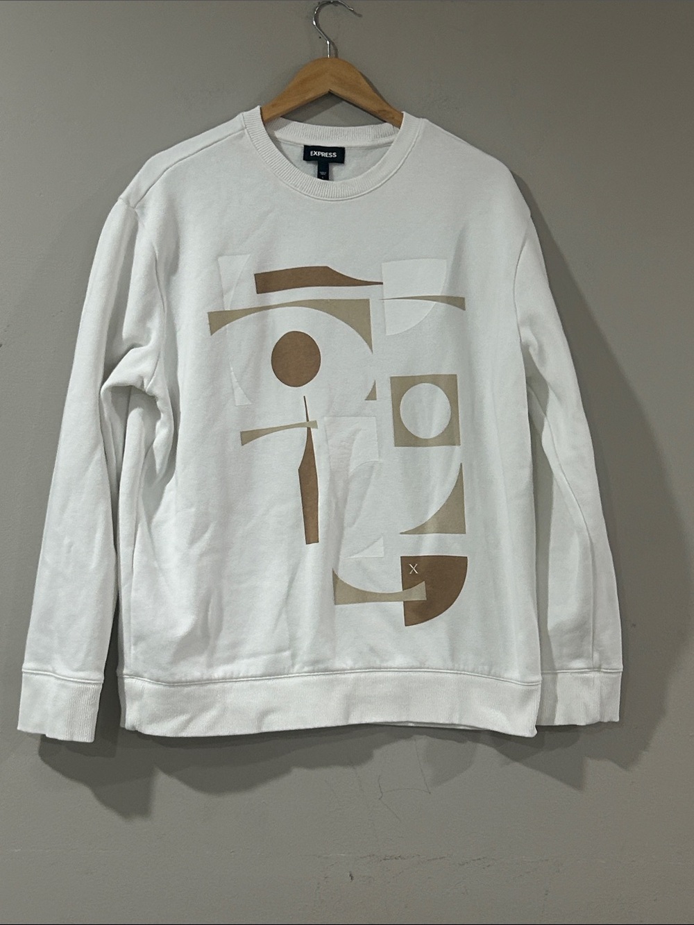 Express Men’s White Crewneck Sweatshirt with Beige Graphic Design